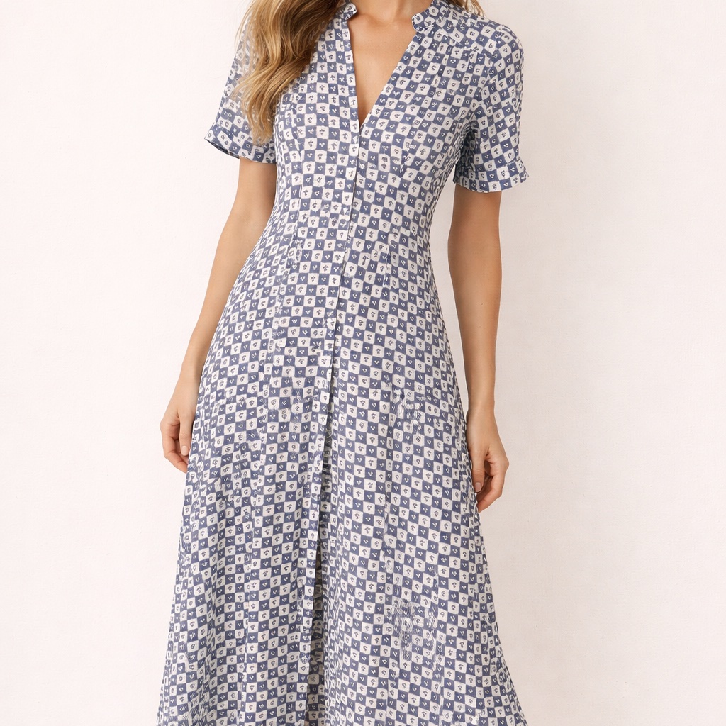 Cleobella Piazze Check Organic Cotton Midi Dress Blue White M